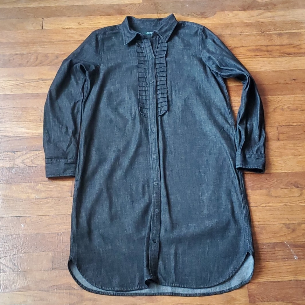 Ralph Lauren Ruffle Trim Denim Shirt Dress